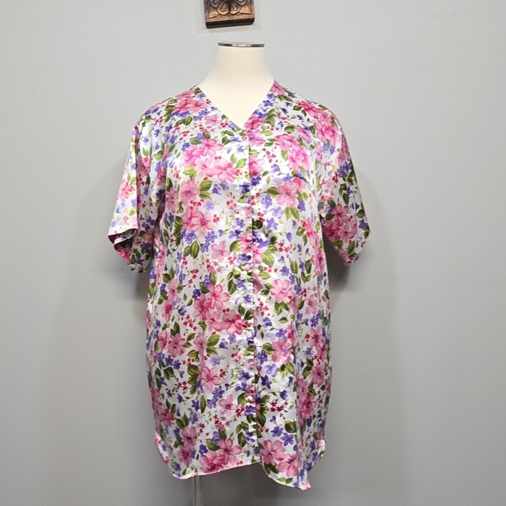 Vanity Fair Nightshirt Plus Size 2XL Floral Satin Sleepwear Cottagecore Romantic